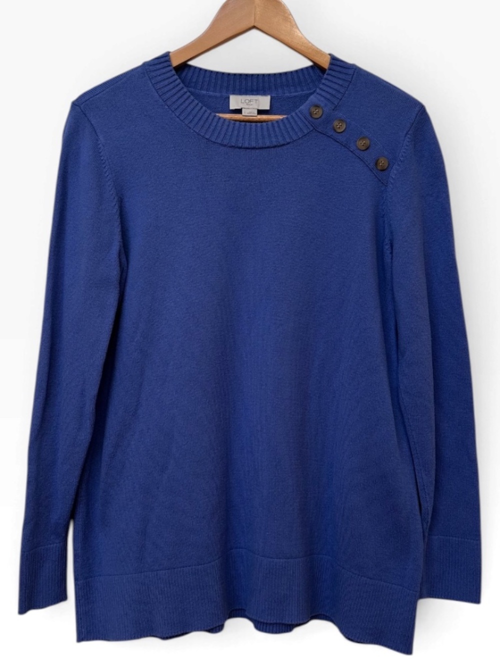 LOFT Outlet Blue Shoulder Button Accent Crewneck Tunic Sweater Size Large